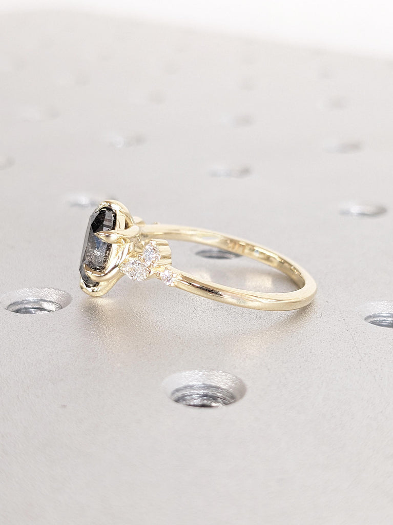 Nature Inspired 14k Solid Gold Women Wedding Band | Leaf Vine Branch Diamond Ring | Pear Cut Salt and Pepper Diamond Ring | Anniversary Ring