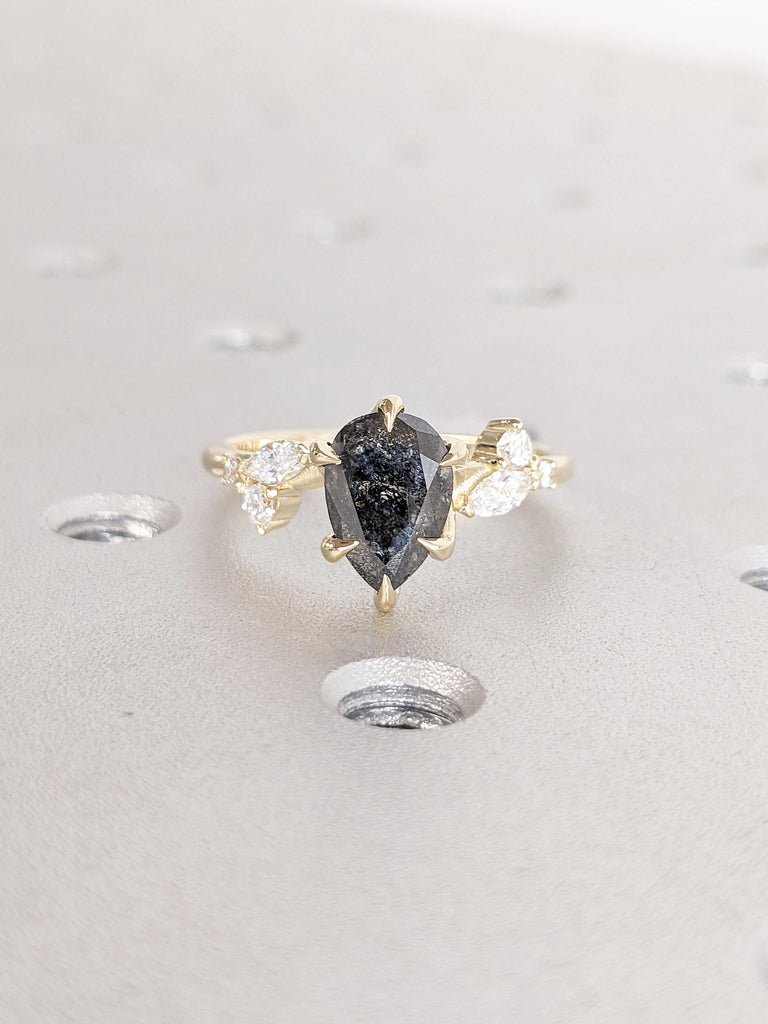 Pear Cut Salt and Pepper Diamond Ring, Leaf Twig Engagement Ring, 14k Yellow Gold Nature Inspired Ring, Round, Marquise Diamond Cluster Ring