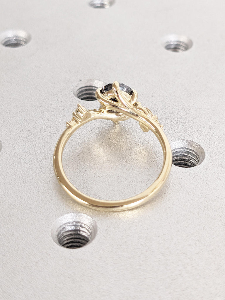 Pear Cut Salt and Pepper Diamond Ring, Leaf Twig Engagement Ring, 14k Yellow Gold Nature Inspired Ring, Round, Marquise Diamond Cluster Ring
