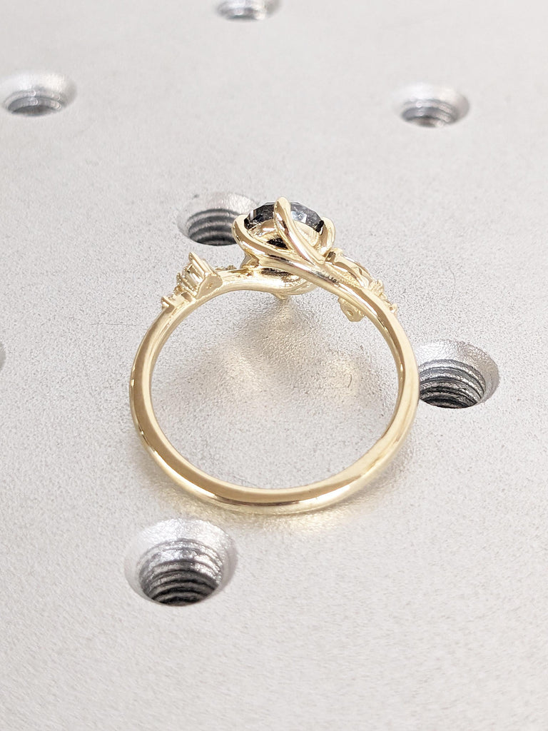 Nature Inspired 14k Solid Gold Women Wedding Band | Leaf Vine Branch Diamond Ring | Pear Cut Salt and Pepper Diamond Ring | Anniversary Ring