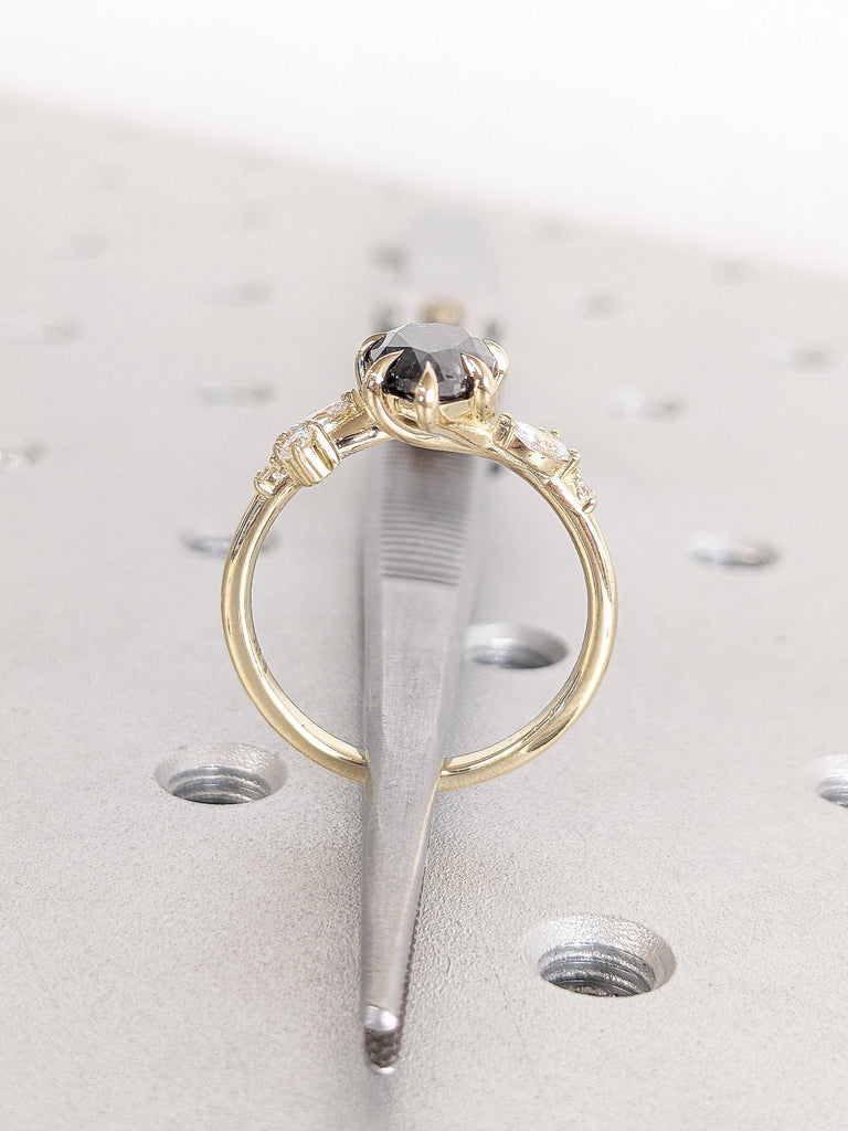 Pear Cut Salt and Pepper Diamond Ring, Leaf Twig Engagement Ring, 14k Yellow Gold Nature Inspired Ring, Round, Marquise Diamond Cluster Ring