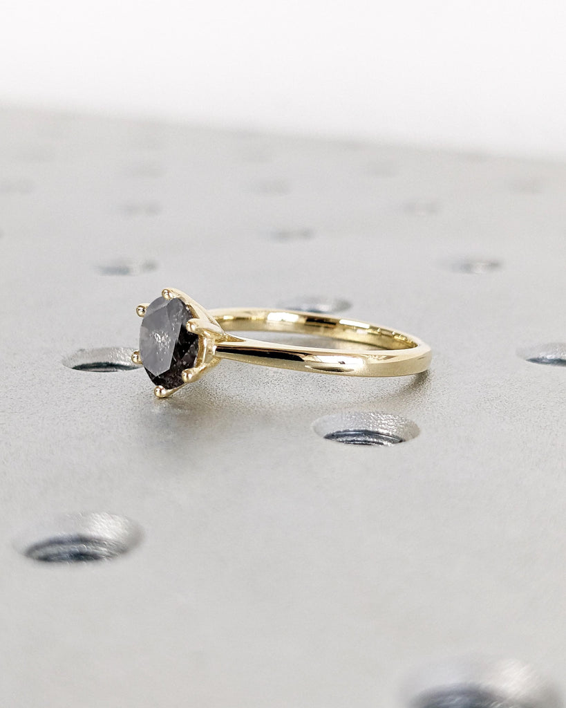 Round Cut Cathedral Engagement Ring, Galaxy Salt and Pepper Diamond Solitaire Engagement Ring, Dainty 14k Yellow Gold Promise Ring for Wife