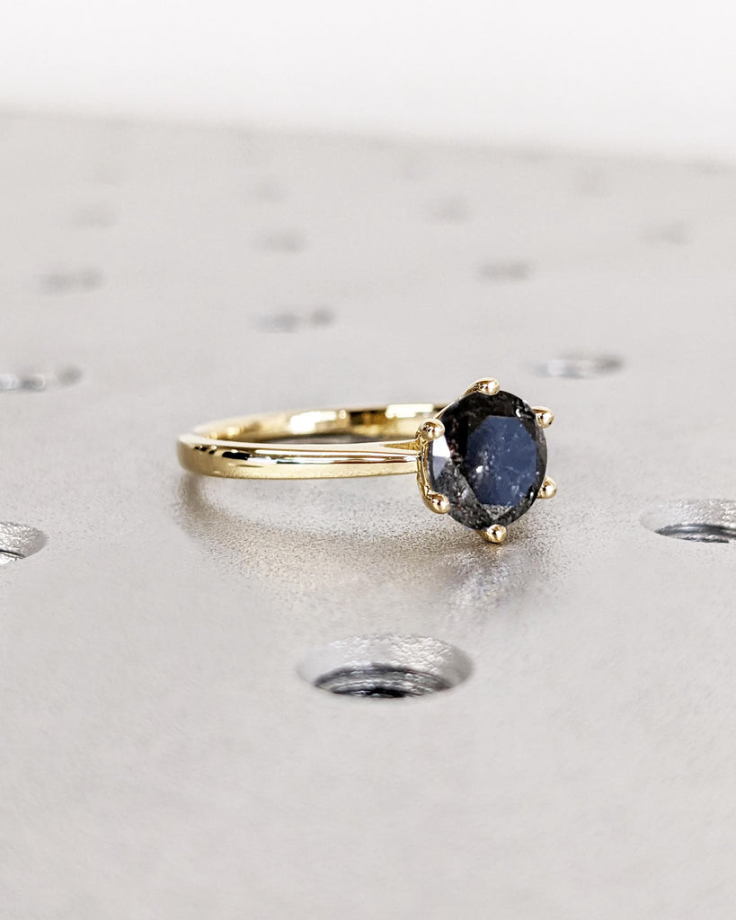 Round Cut Cathedral Engagement Ring, Galaxy Salt and Pepper Diamond Solitaire Engagement Ring, Dainty 14k Yellow Gold Promise Ring for Wife