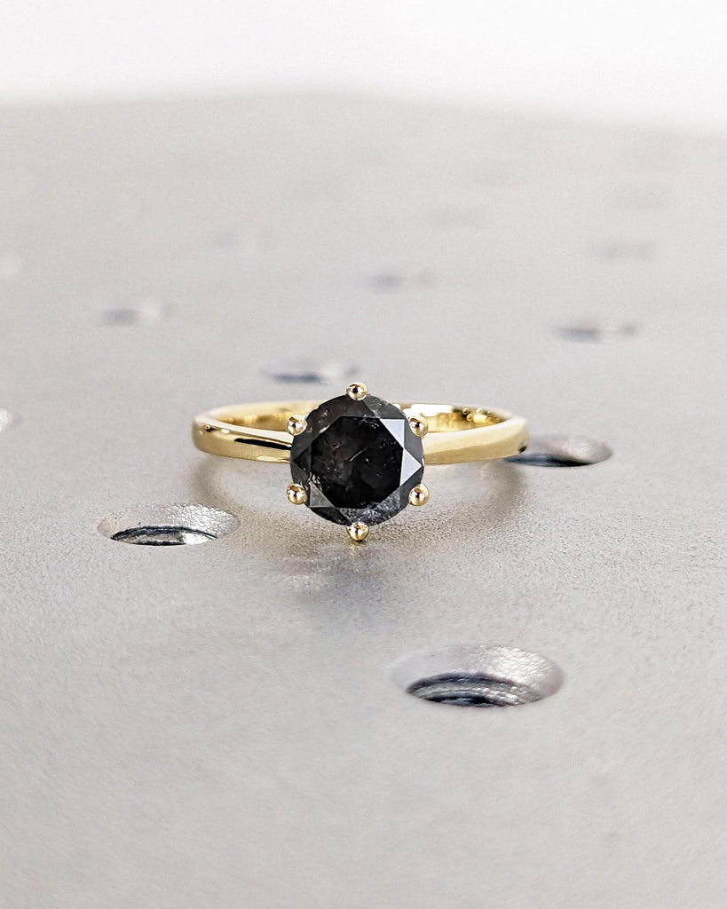 Round Cut Cathedral Engagement Ring, Galaxy Salt and Pepper Diamond Solitaire Engagement Ring, Dainty 14k Yellow Gold Promise Ring for Wife