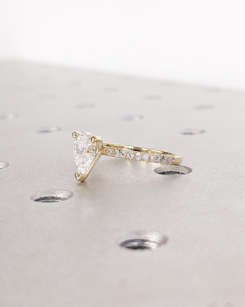 14K Solid Gold Moissanite Pear Ring for Women, Pave Set Side Moissanite Wedding Ring, 3-Prong, Pear Moissanite Solitaire Ring, Promise Ring