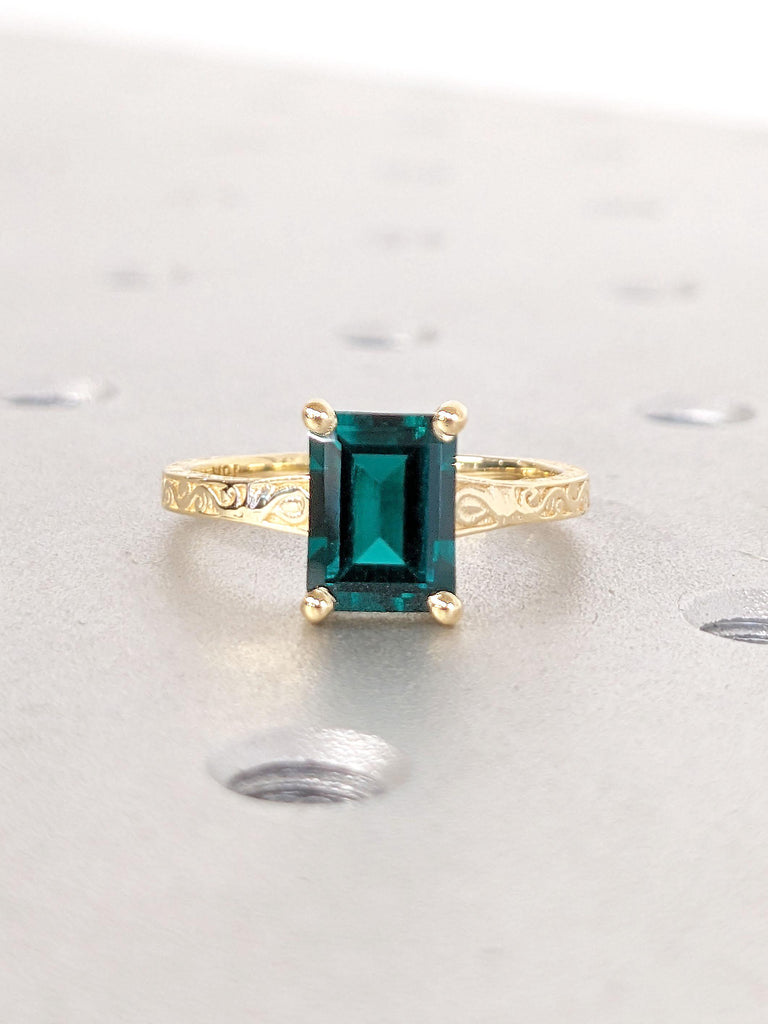 18K Yellow Gold Emerald cut Lab Created Emerald May Birthstone Wedding Anniversary Ring | Antique Scrollwork Engraving Women Bridal Jewelry