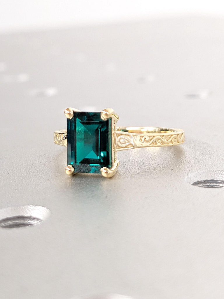 18K Yellow Gold Emerald cut Lab Created Emerald May Birthstone Wedding Anniversary Ring | Antique Scrollwork Engraving Women Bridal Jewelry