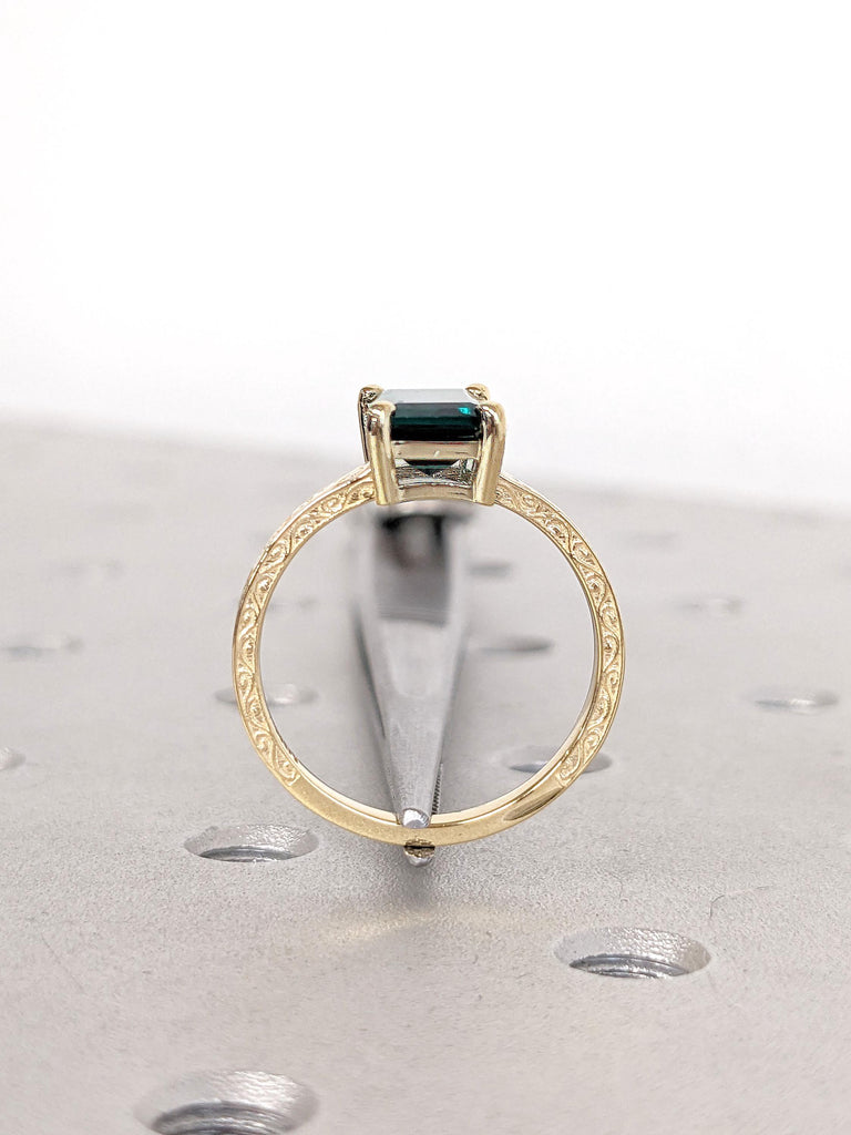 18K Yellow Gold Emerald cut Lab Created Emerald May Birthstone Wedding Anniversary Ring | Antique Scrollwork Engraving Women Bridal Jewelry