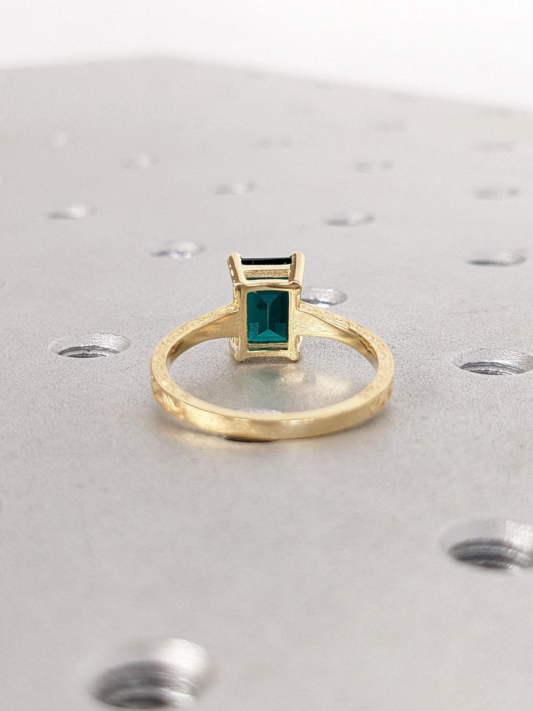 18K Yellow Gold Emerald cut Lab Created Emerald May Birthstone Wedding Anniversary Ring | Antique Scrollwork Engraving Women Bridal Jewelry