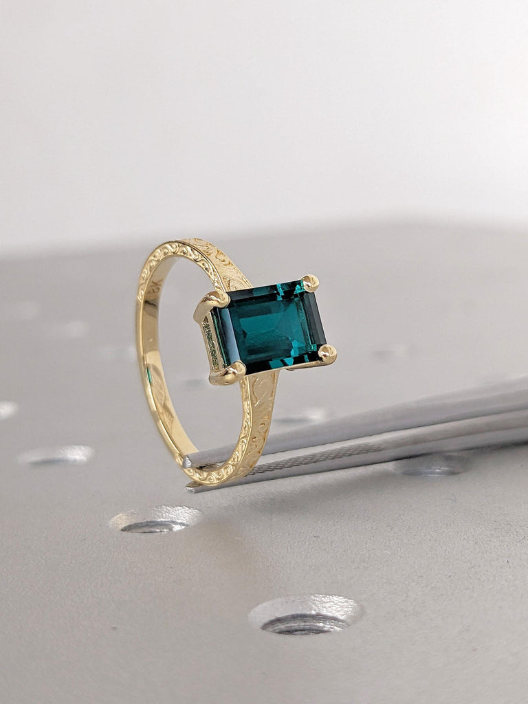 18K Yellow Gold Emerald cut Lab Created Emerald May Birthstone Wedding Anniversary Ring | Antique Scrollwork Engraving Women Bridal Jewelry