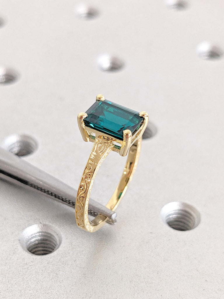 Antique Proposal Ring | 1.5 Carat Lab Created Emerald Promise Ring | 18k Gold Engagement Ring