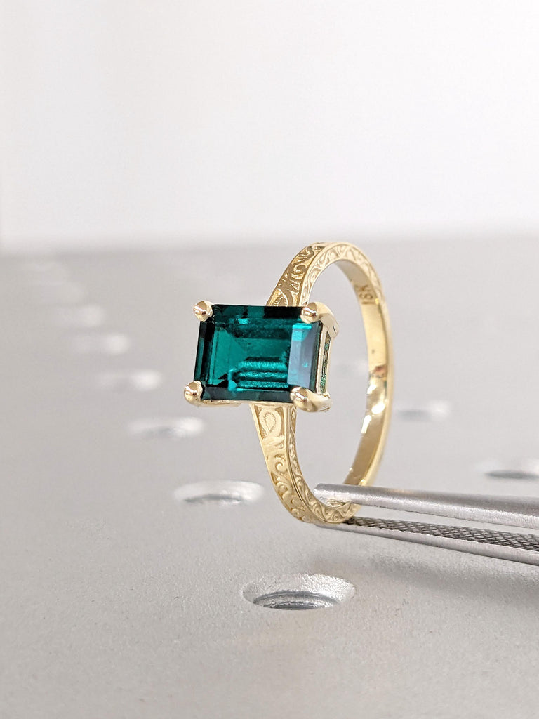 18K Yellow Gold Emerald cut Lab Created Emerald May Birthstone Wedding Anniversary Ring | Antique Scrollwork Engraving Women Bridal Jewelry