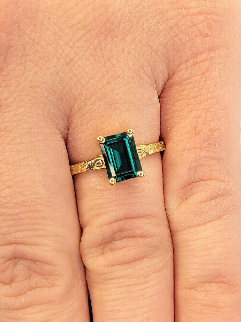 18K Yellow Gold Emerald cut Lab Created Emerald May Birthstone Wedding Anniversary Ring | Antique Scrollwork Engraving Women Bridal Jewelry