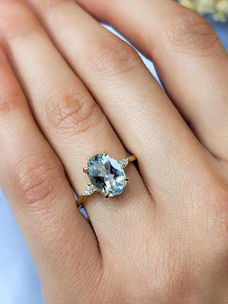 Lab Aquamarine Ring, 14k Gold Oval Engagement Ring, Pear Cut Diamond, Aquamarine Blue Ring, Statement Rings for Women, Vintage Promise Ring