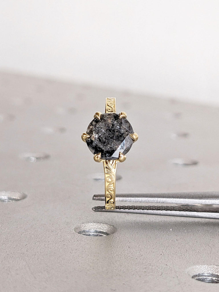 Vintage Engagement Ring | Round Natural Grey Diamond Rings for Women | Handmade Ring Filigree Wedding Ring | Promise Ring | Solitaire Ring