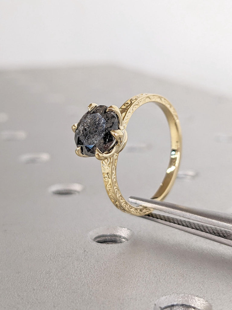 Raw Salt and Pepper Diamond 14k 18k Rose /White /Yellow Gold Engagement Ring | Art Deco 1920&#39;s Inspired Thin Petite Band Unique Ring for Her