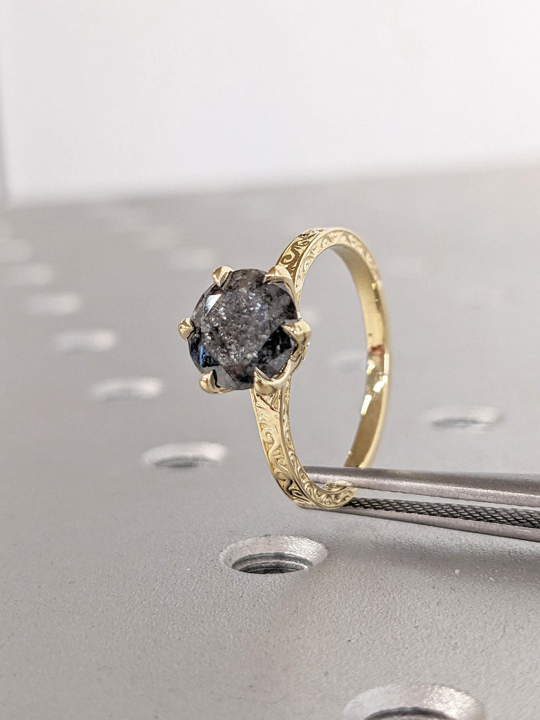Vintage Engagement Ring | Salt and Pepper Grey Diamond Solitaire Promise Anniversary Ring for Her