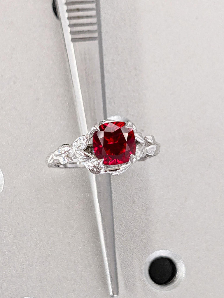 1 Carat Lab Ruby Solitaire Engagement Ring | 18k White Gold Rings for Women | Nature Inspired Promise Anniversary Ring | Cushion cut Ring
