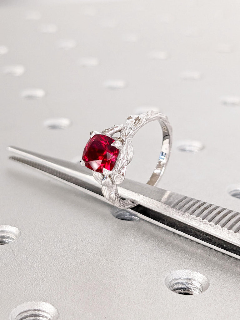 Cushion cut Ruby Engagement Ring | Nature Inspired Ring | Solid White Gold Rings for Women | Red Lab Ruby Solitaire Ring | July Birthstone