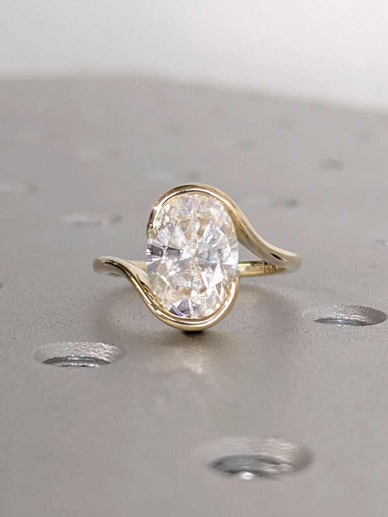 Unique Moissanite Bypass Ring | Bezel set Bypass Engagement Ring | 2ct Oval Moissanite | 14k Yellow Gold Rings for Women