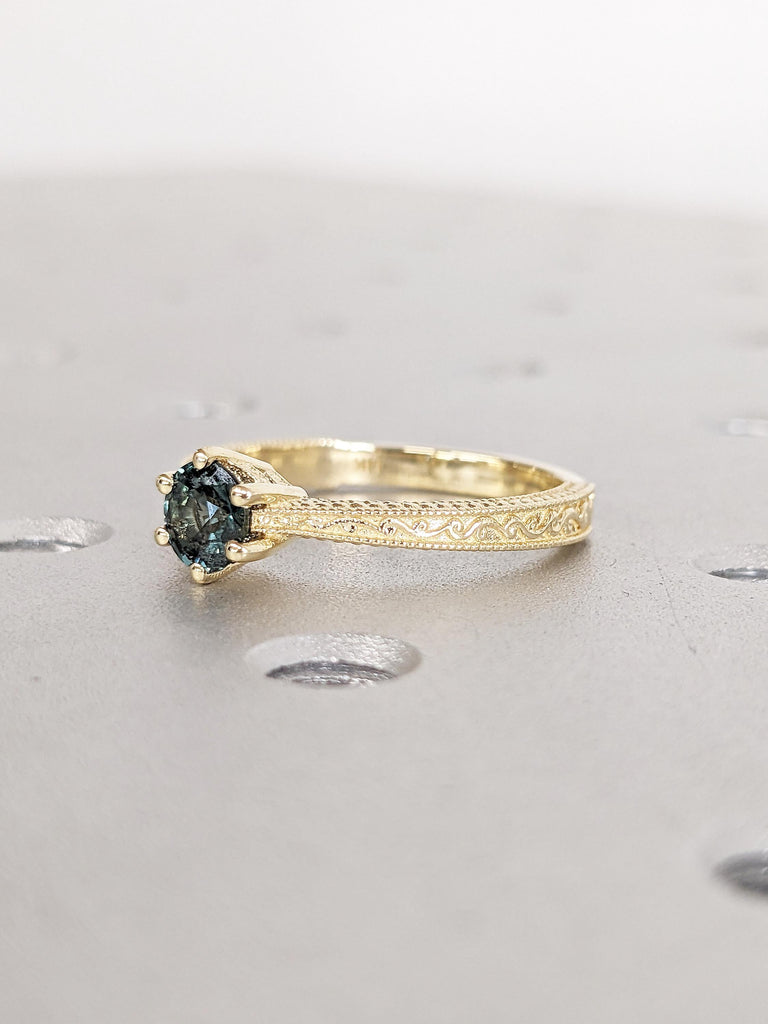 Filigree 14k Solid Gold Ring, Blue Green Sapphire Ring, Anniversary Ring, Milgrain Minimalist Ring, Vintage Gemstone Ring, Sapphire Jewelry