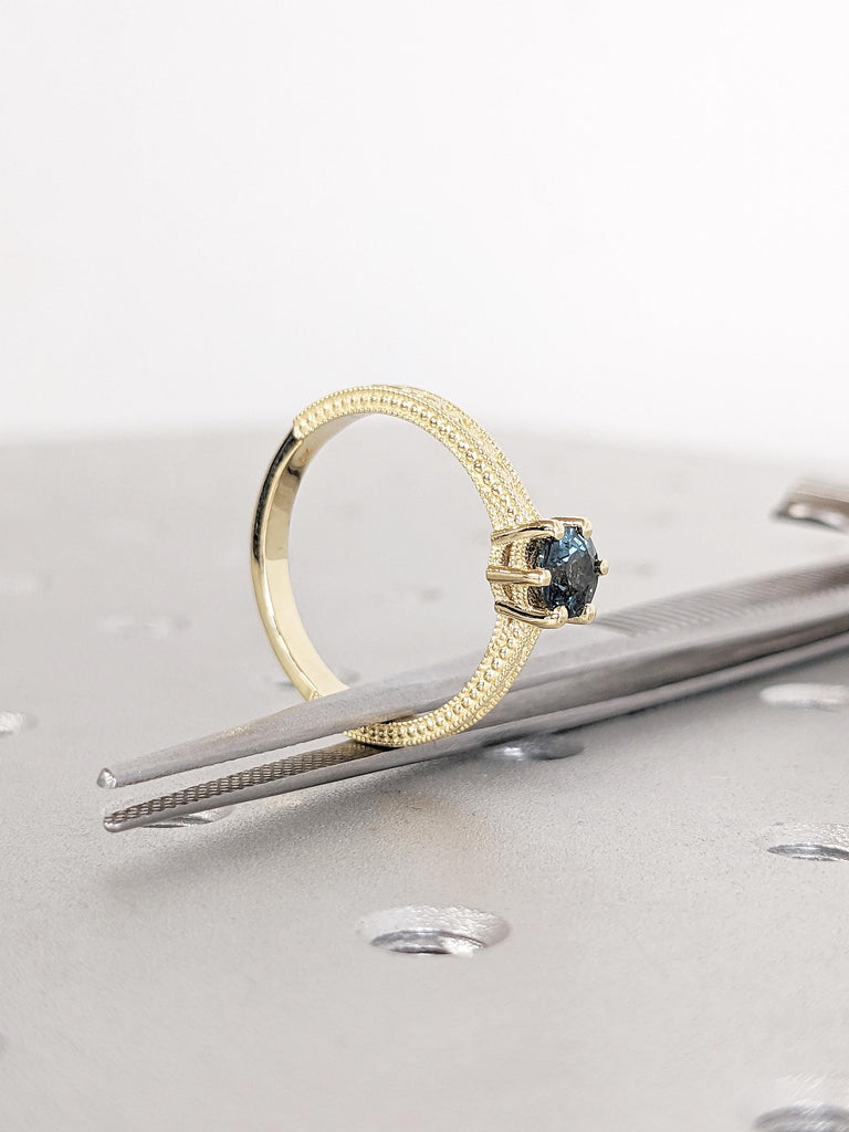 Filigree 14k Solid Gold Ring, Blue Green Sapphire Ring, Anniversary Ring, Milgrain Minimalist Ring, Vintage Gemstone Ring, Sapphire Jewelry