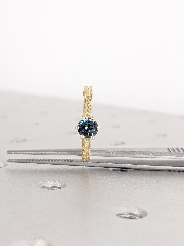 Filigree 14k Solid Gold Ring, Blue Green Sapphire Ring, Anniversary Ring, Milgrain Minimalist Ring, Vintage Gemstone Ring, Sapphire Jewelry