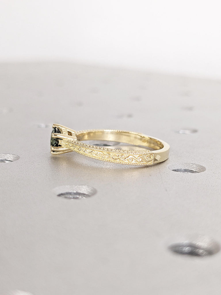 Filigree 14k Solid Gold Ring, Blue Green Sapphire Ring, Anniversary Ring, Milgrain Minimalist Ring, Vintage Gemstone Ring, Sapphire Jewelry