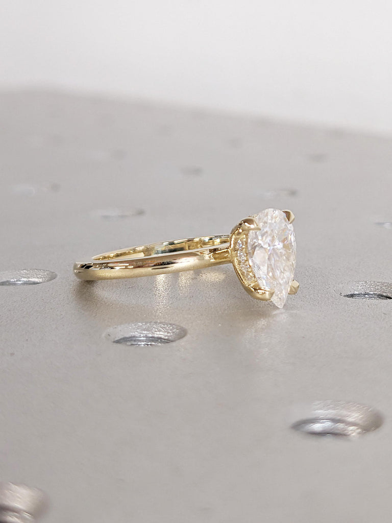 Lab Grown Diamond Engagement Ring, Solitaire 14k Yellow Gold Wedding Ring, Hidden Halo Diamond Ring, Pear Cut Ring, Unique Lab Diamond Ring