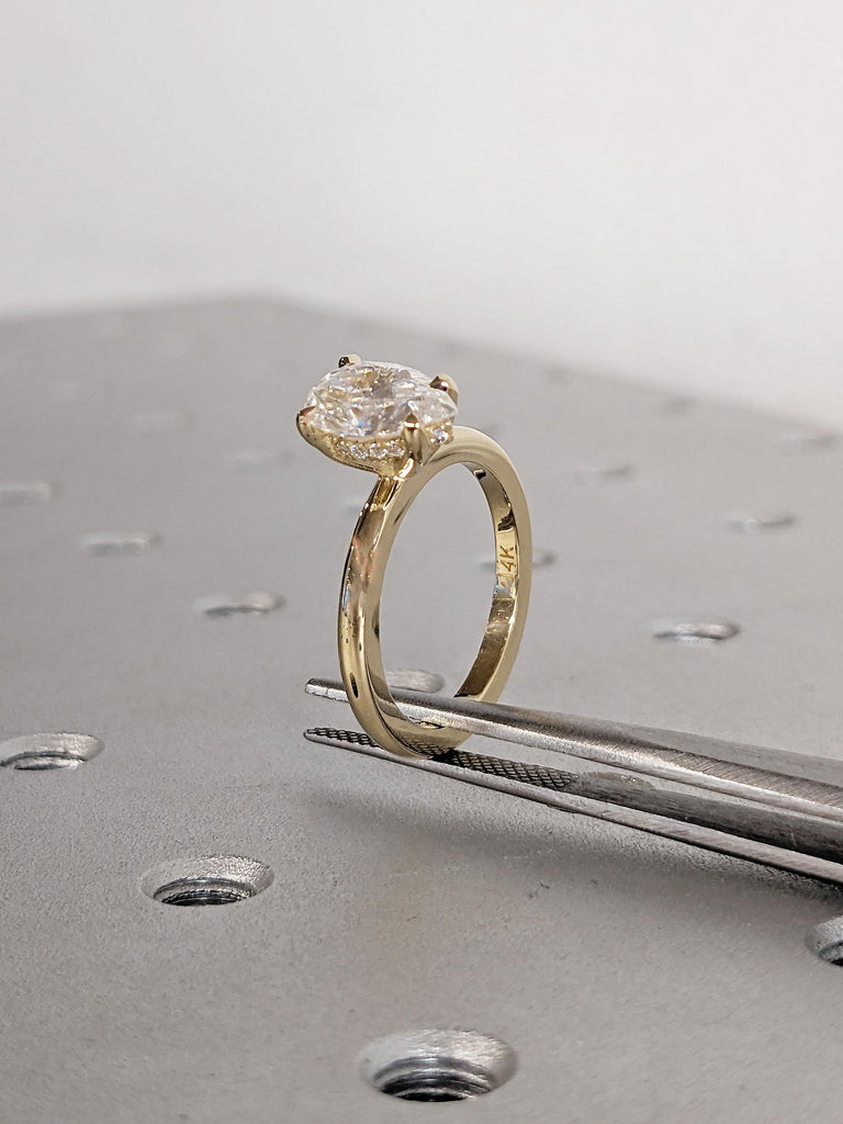 Pear Cut Lab Grown Diamond Ring | Dainty 14k Solid Gold Ring | Diamond Hidden Halo Anniversary Ring | Statement Promise Ring | Gift for Wife
