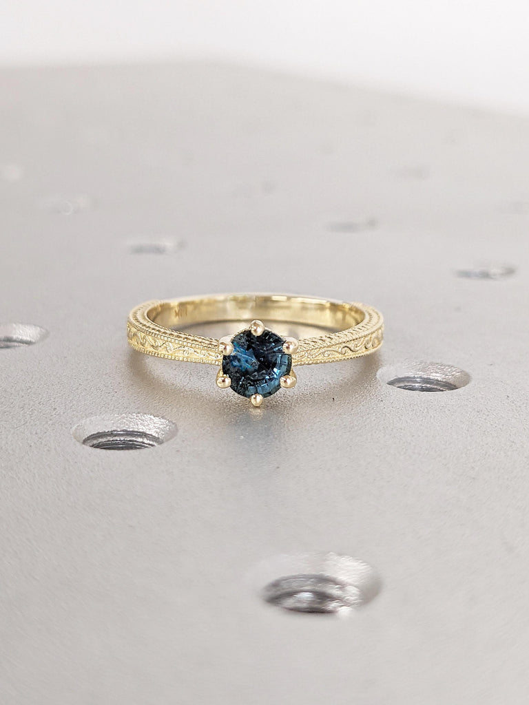 Filigree 14k Solid Gold Ring, Blue Green Sapphire Ring, Anniversary Ring, Milgrain Minimalist Ring, Vintage Gemstone Ring, Sapphire Jewelry
