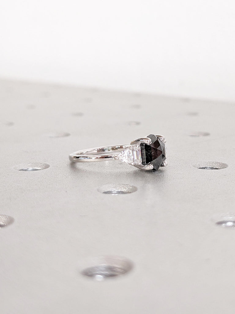 Raw Salt and Pepper Diamond Ring, 14k White Gold Ring, Salt and Pepper Hexagon Ring, Trillion and Baguette Diamond Ring, Women Wedding Ring