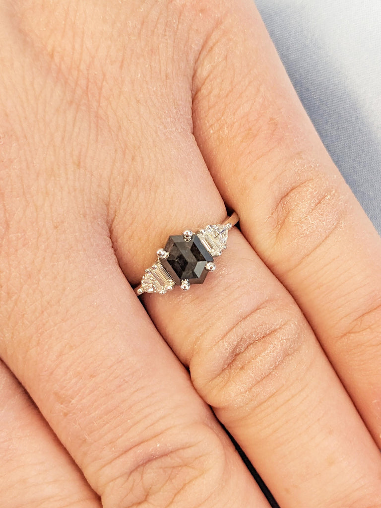 Raw Salt and Pepper Diamond Ring, 14k White Gold Ring, Salt and Pepper Hexagon Ring, Trillion and Baguette Diamond Ring, Women Wedding Ring