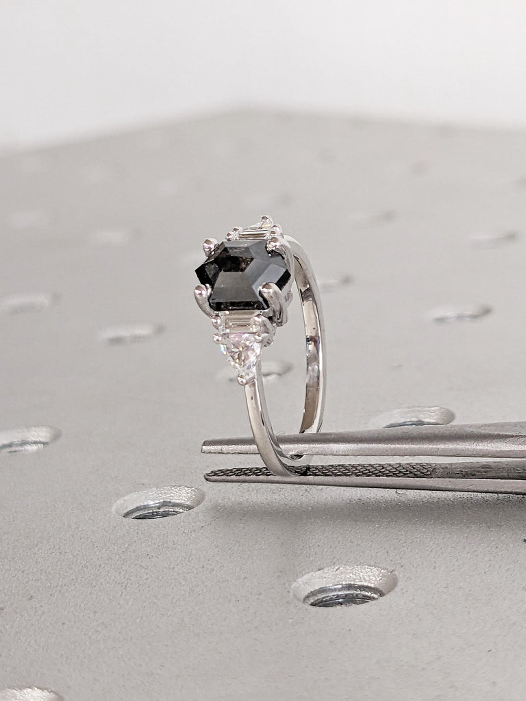 Raw Salt and Pepper Diamond Ring, 14k White Gold Ring, Salt and Pepper Hexagon Ring, Trillion and Baguette Diamond Ring, Women Wedding Ring