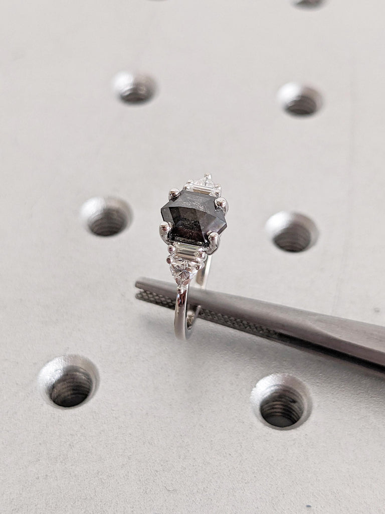 Raw Salt and Pepper Diamond Ring, 14k White Gold Ring, Salt and Pepper Hexagon Ring, Trillion and Baguette Diamond Ring, Women Wedding Ring