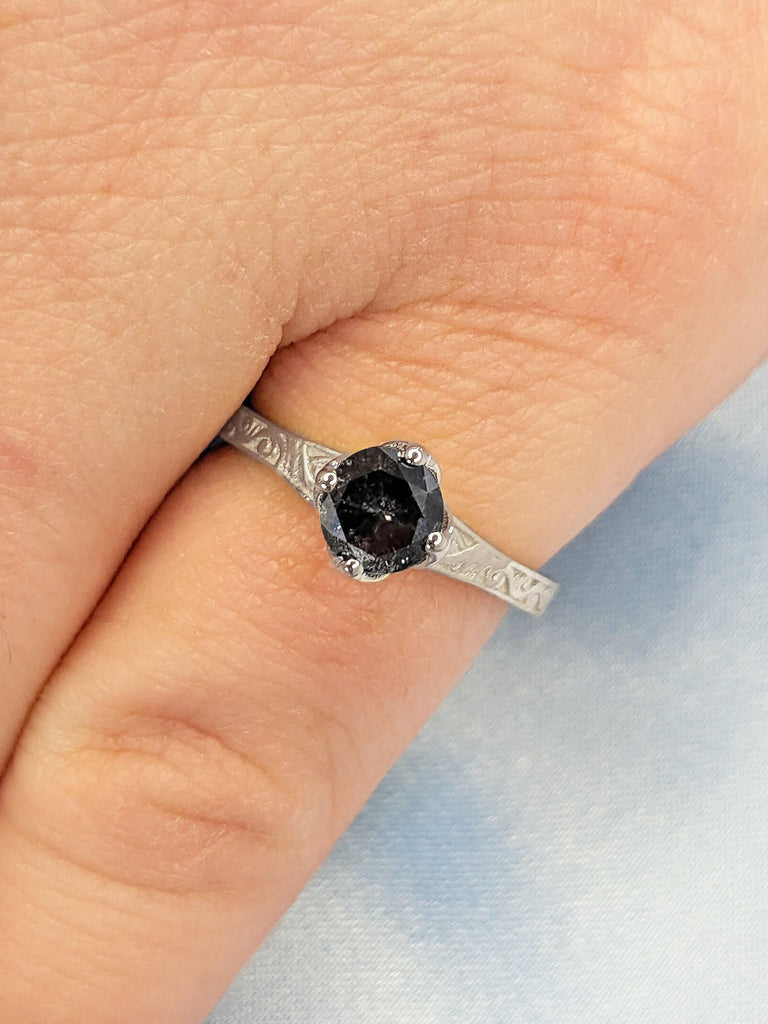 Salt and Pepper Galaxy Diamond Vintage Engagement Ring for Her | Flower Basket Ring | Nature Inspired Ring | 14k White Gold Rings for Women