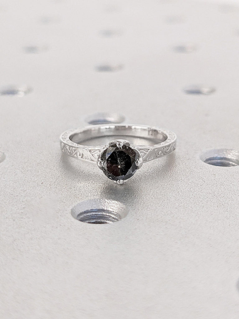 0.5ct, 1 Carat Black Diamond Solitaire Bridal Ring | Vintage Tulip Floral Gold Engagement Ring | Handmade Filigree Wedding Band | 14k 18k White Rose Yellow