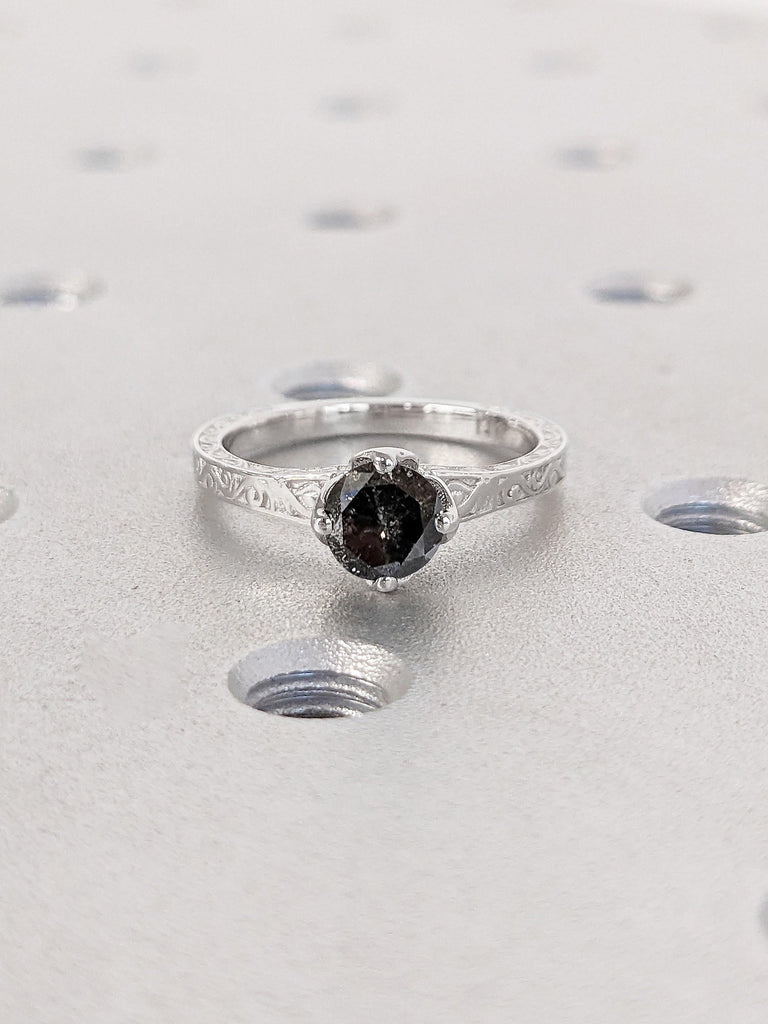 0.5ct, 1 Carat Black Diamond Solitaire Bridal Ring | Vintage Tulip Floral Gold Engagement Ring | Handmade Filigree Wedding Band | 14k 18k White Rose Yellow