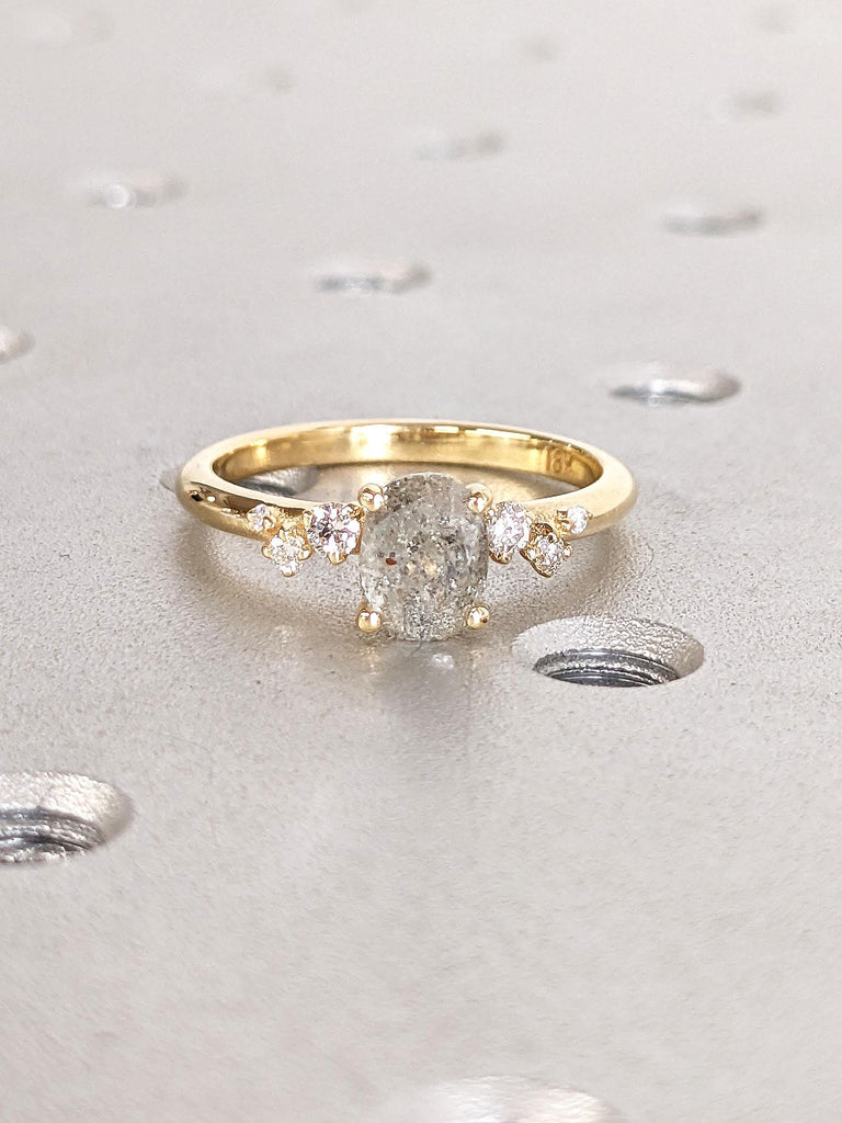 0.75ct Oval cut Salt and Pepper Light Gray Diamond Engagement Rings for Women | 14k 18k Gold | Snowdrift Ring Diamond Cluster Ring