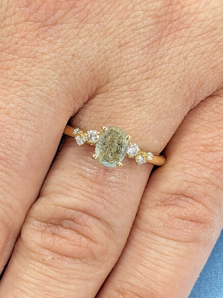 Yellow Gold Women Wedding Ring | Lab Grown Diamond Cluster Snowdrift Promise Anniversary Ring, Gift for Wife | Raw Salt and Pepper Galaxy Diamond