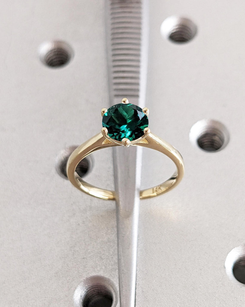 Round Cut Lab Created Emerald Engagement Ring, Solitaire Cathedral Set Ring, 14K Gold Promise Ring, Statement Rings for Women, Gift for Wife