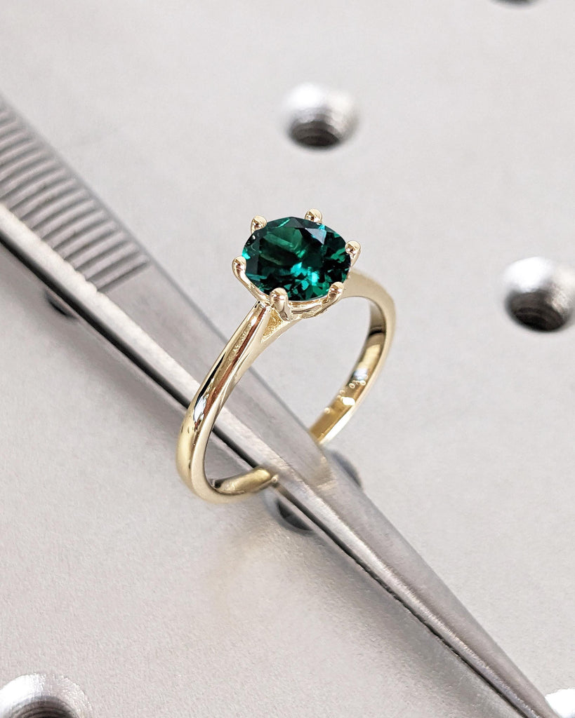 Round Cut Lab Created Emerald Engagement Ring, Solitaire Cathedral Set Ring, 14K Gold Promise Ring, Statement Rings for Women, Gift for Wife