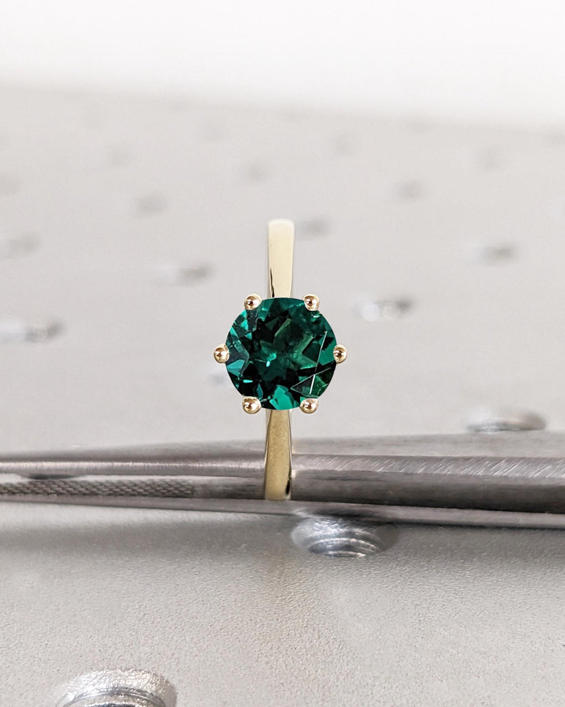 Round Cut Lab Created Emerald Engagement Ring, Solitaire Cathedral Set Ring, 14K Gold Promise Ring, Statement Rings for Women, Gift for Wife
