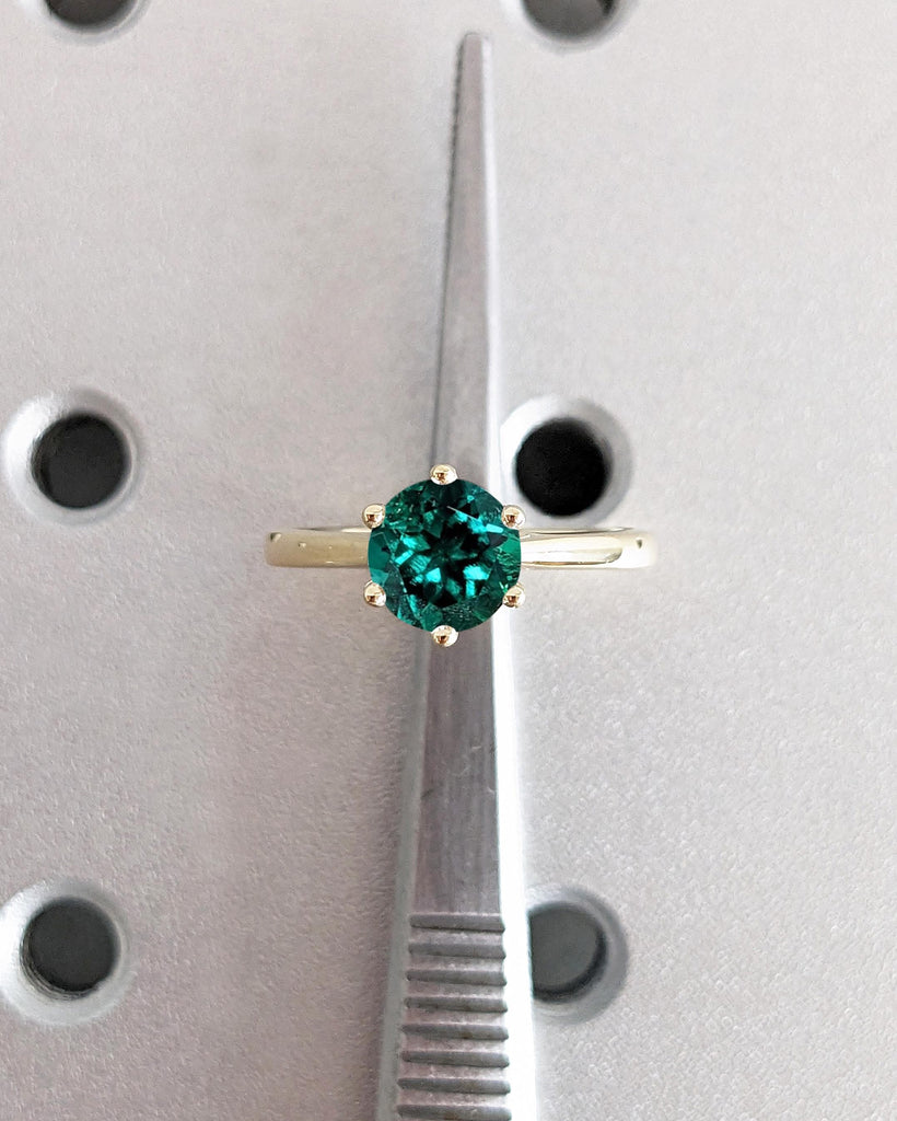 Round Cut Lab Created Emerald Engagement Ring, Solitaire Cathedral Set Ring, 14K Gold Promise Ring, Statement Rings for Women, Gift for Wife