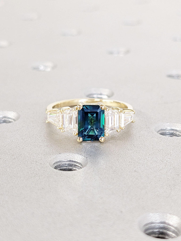 Emerald cut Peacock Sapphire Ring | Blue Green Gemstone Engagement Ring |14k Yellow Rose White Gold Rings