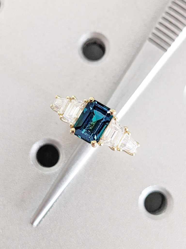 1 Carat Natural Blue Green Sapphire and Diamond Rings for Women | Emerald cut Engagement Ring | Five Stone Wedding Ring Anniversary Gift