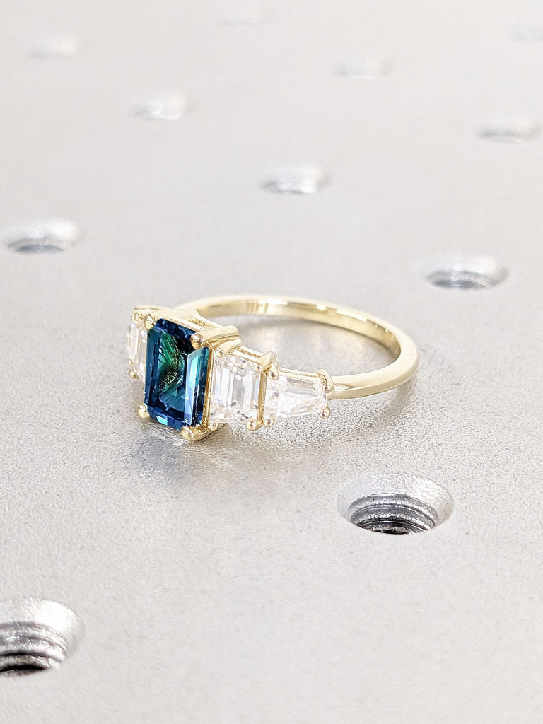 Emerald cut Man Made Diamond Rings | Natural Sapphire and Lab Diamond Wedding Ring | Anniversary Gift for Wife