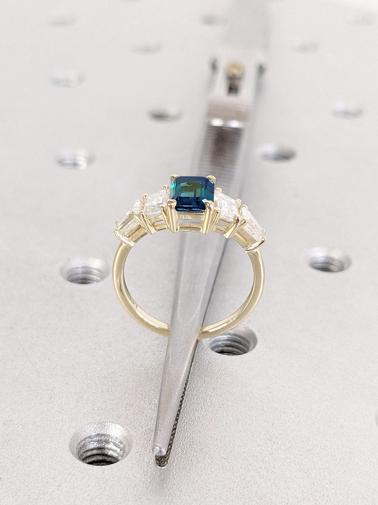 Green Sapphire Engagement Ring | Sapphire and Moissanite Ring | Unique Emerald cut Sapphire Ring | Birthstone Ring | Rings for Women | Bridal Ring
