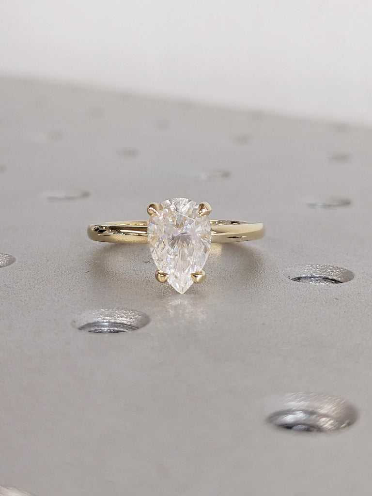 Pear Cut Moissanite Engagement Ring, 14k Yellow Gold Hidden Halo Wedding Rings for Women, Solitaire Anniversary Ring, Birthday Gift for Wife