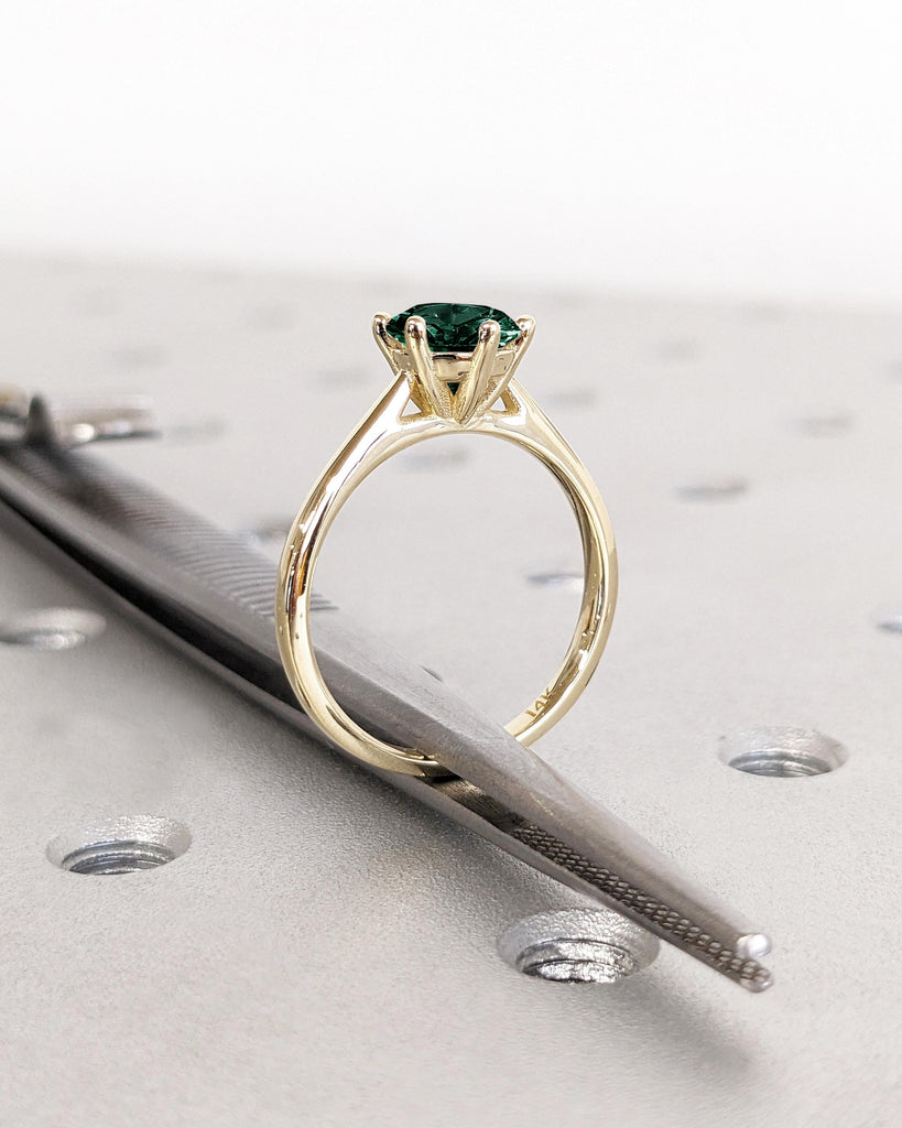 Round Cut Lab Created Emerald Engagement Ring, Solitaire Cathedral Set Ring, 14K Gold Promise Ring, Statement Rings for Women, Gift for Wife